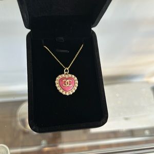Pink and White CC Charm on Goldtone 17inch Chain Necklace